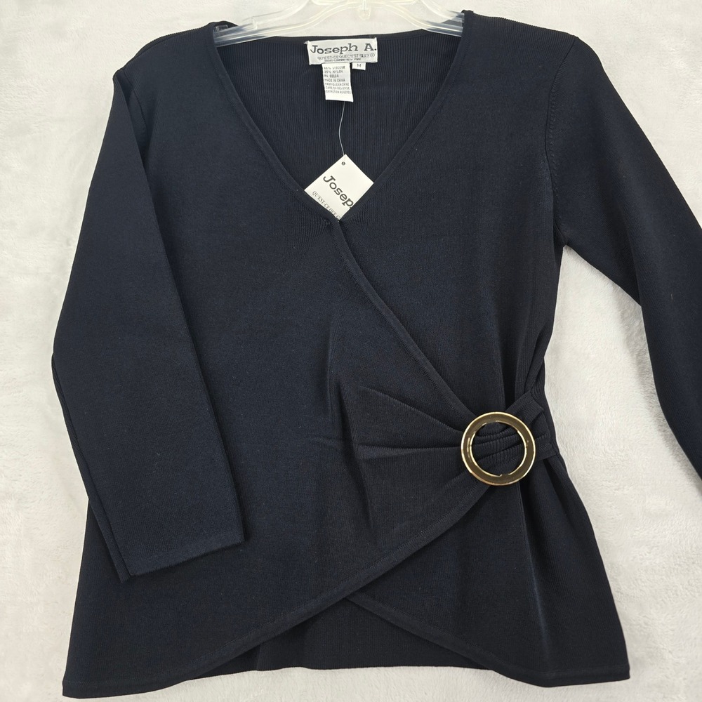 Joseph A.‎ Sweater Womens M Top Black V-Neck Faux Wrap Buckle 33327M